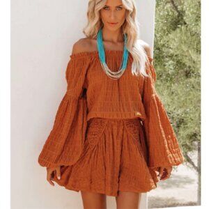 Lucca Rust Smocked Long Sleeve Mini Dress Size M